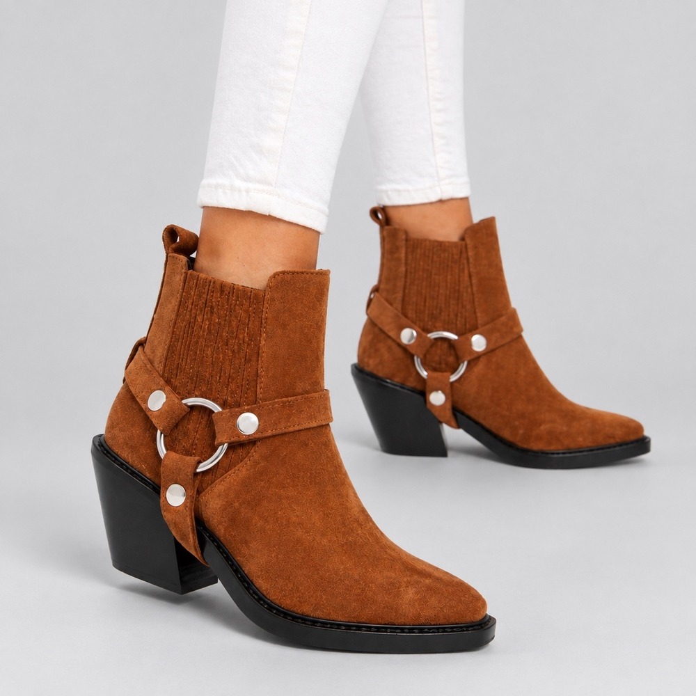 Rebecca Minkoff Brown Suede Harness Ankle Boots Silver Ring Cognac Western Heel